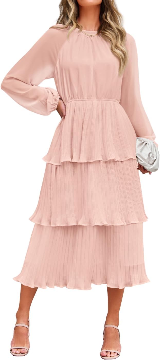 ZESICA Women's 2025 Long Sleeve Crew Neck Ruffle Tiered Layered Chiffon Flowy Swing Long Midi Dress