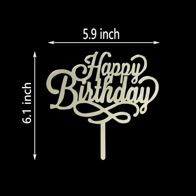 Happy Birthday Cake Topper - Birthday Party Decorations, Mirror Gold Acrylic