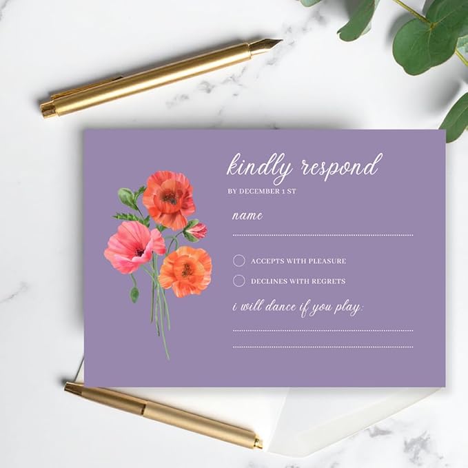 Personalized Wedding RSVP Cards On Glossy Thick Card With Envelope, Personalized Reponse, 5 x 3.5 Inches, Set of 15 Custom Cards with White Envelopes (Purple)