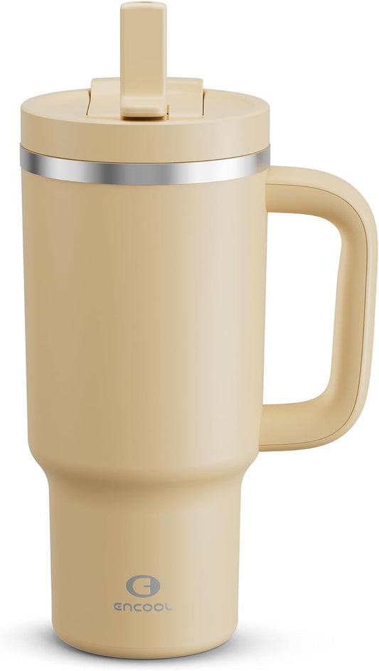 32 oz Tumbler with Handle and Straw: Stainless Steel Insulated Tumbler Keeps Cold for 24 Hours, Leakproof Travel Cup Fits in Cup Holder and BPA-Free, Indian Khaki