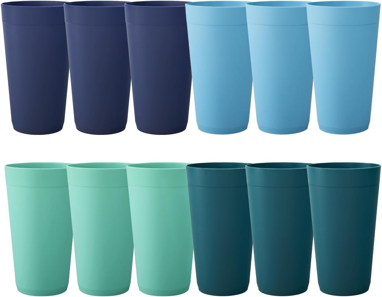 US Acrylic Newport 20 ounce Unbreakable Plastic Stackable Water Tumblers in 4 Coastal Colors | Set of 12 Drinking Cups | Reusable, BPA-free, Made in the USA, Top-rack Dishwasher and Microwave Safe