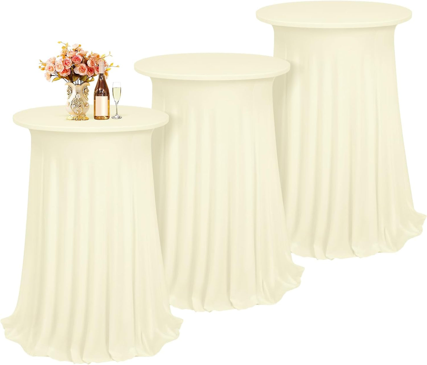3 Packs Cocktail Table Covers Beige Round Bar Table Cloth Off White 32"x 43" Spandex Stretch High Top Table Covers with Wavy Drapes Fitted High Top Table Cloth for Party Wedding Banquet Bar Table