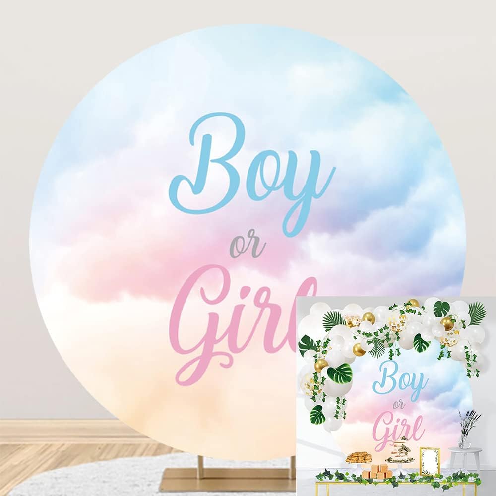 OERJU 4x4ft Gender Reveal Round Backdrop Boy or Girl Blue Pink Clouds Photography Background Circle Backdrop Cover Newborn Baby Shower Reveal Gender Party Decoration Photo Booth Props
