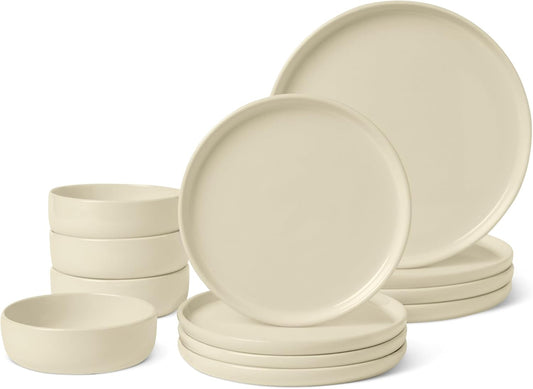 Amazon Basics Glazed Stoneware Dinnerware, 12-Piece Set, 4 Full Place Settings, Dishwasher-Safe, Ivory