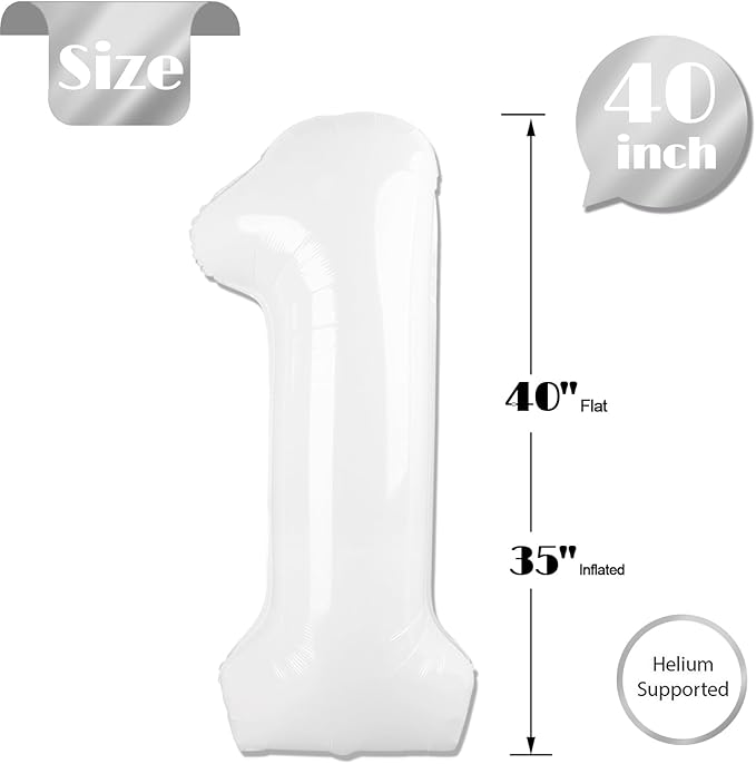 40 Inch White 1 Balloon for First Birthday, Translucent 1st Number Balloons Birthday Decorations for Girl Boy Kids Toddler Baby, One Giant Number 1 Balloon