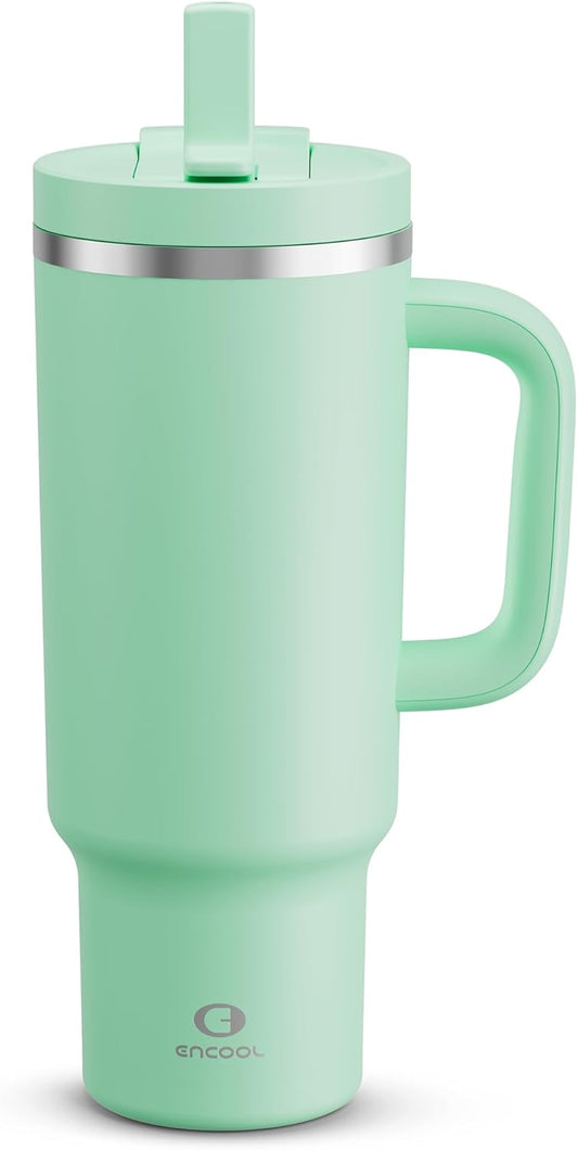 40 oz Tumbler with Handle and Straw: Stainless Steel Insulated Tumbler Keeps Cold for 24 Hours, Leakproof Travel Cup Fits in Cup Holder and BPA-Free,Brook Green