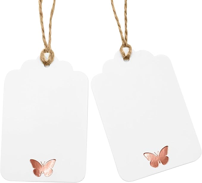 ASYEHJNR 100Pcs Blank Gift Tags with String, Foil Rose Gold Butterfly Large Gift Tags with 65 Ft Jute Twine Cute Tags White Paper Gift Tag for Birthday Baby Shower Wedding Spring Summer Gift Wrap Tag