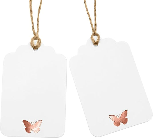 ASYEHJNR 100Pcs Blank Gift Tags with String, Foil Rose Gold Butterfly Large Gift Tags with 65 Ft Jute Twine Cute Tags White Paper Gift Tag for Birthday Baby Shower Wedding Spring Summer Gift Wrap Tag