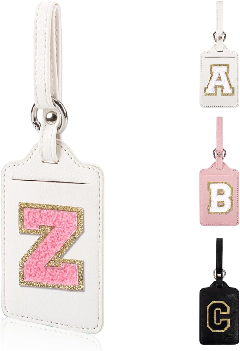 Personalized Initial Luggage Tags for Suitcases, Leather Chenille Letter Cute Luggage Tags with Privacy Name Card, Embroidered Travel Bag Backpack Tags Gifts for Women Kids Girls Teens(White-Z)