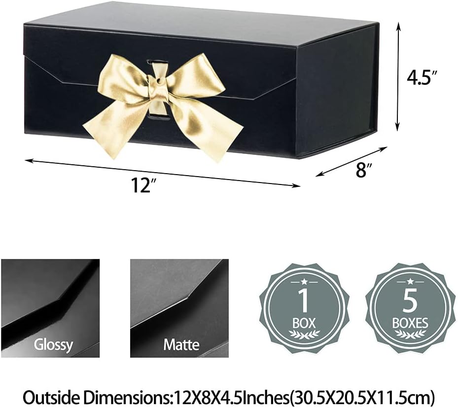 Glossy Black Bridesmaid Proposal Box - Large Gift Box with Lid, Magnetic Closure, Ribbon - 12x8x4.5 Inches