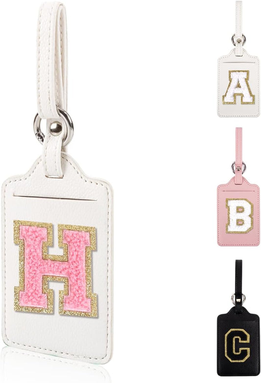 Personalized Initial Luggage Tags for Suitcases, Leather Chenille Letter Cute Luggage Tags with Privacy Name Card, Embroidered Travel Bag Backpack Tags Gifts for Women Kids Girls Teens(White-H)