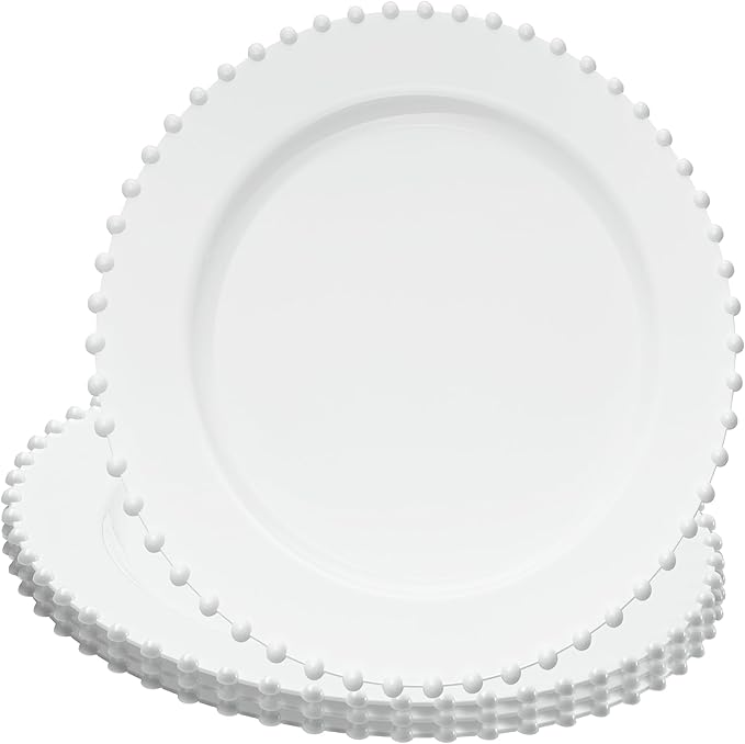 PLASTICPRO White Plastic Charger Plates with Beaded Edge – Pack of 8 – 13" Elegant Round Disposable Chargers for Weddings, Events, Parties, and Dinners