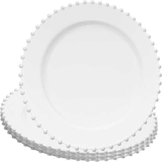 PLASTICPRO White Plastic Charger Plates with Beaded Edge – Pack of 4 – 13" Elegant Round Disposable Chargers for Weddings, Events, Parties, and Dinners