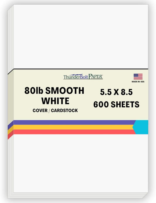 600 Bright White Smooth Card Paper Sheets -5.5" X 8.5" (5.5X8.5 Inches) Half Letter | Statement Size - 80# (80 lb/pound) Cover Weight - Quality Paper - Smooth Finish