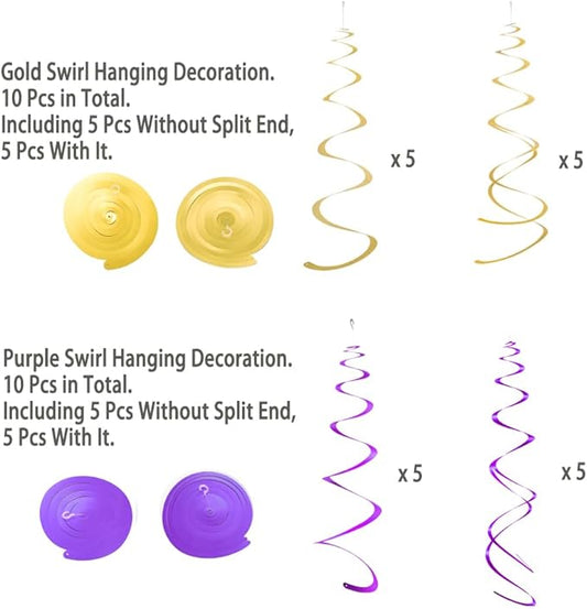 MOWO Gold and Purple Foil Swirl Hanging Decoration Streamer for Birthday Graduation Wedding Pride Theme Party Supplies, Pack of 20