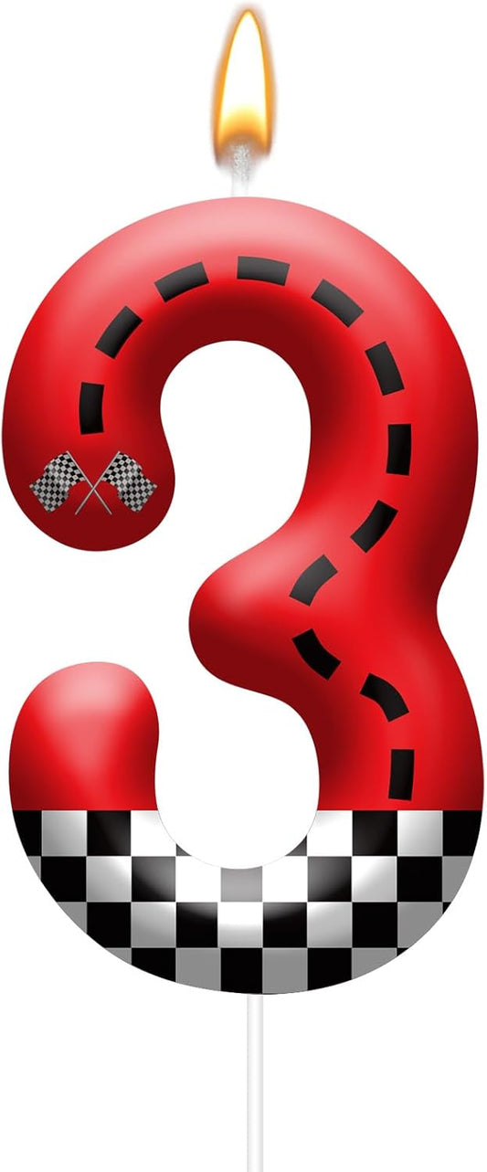 Racing Car Theme Birthday Candle with Checkered Flag Design - Durable Cake Topper for Race Car Party Decorations,Birthday Supplies - Number 3 Candle for Racing Themed Celebrations
