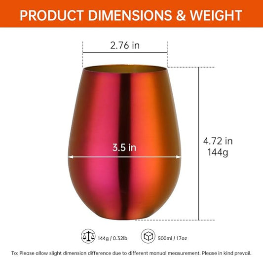 Buyer Star 304 Stainless Steel Wine Glasses Set of 2 - Large 17 oz Outdoor Stemless Wine Tumblers - 100% Unbreakable & Stemless Metal Drinking Cups for Home and Outdoors Dishwasher safe (Orange Red)