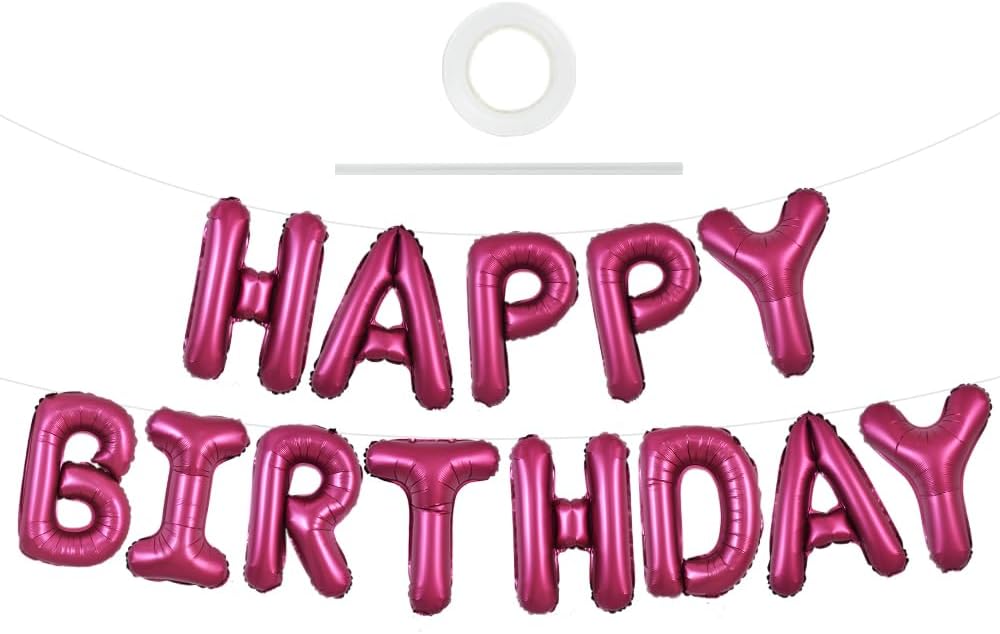 TONIFUL Happy Birthday Balloons Banner with Ribbon Straw,16 Inch Mylar Letters Birthday Sign Banner Balloon Bunting Reusable for Kids & Adults Construction Birthday Party Supplies（Wine Red）