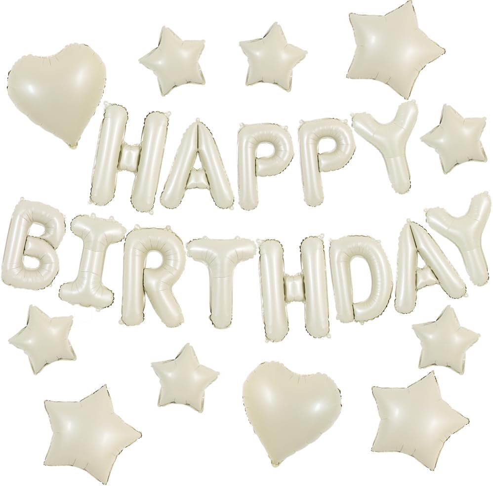 TONIFUL 31PCS Cream White Happy Birthday Decorations 16 Inch Happy Birthday Balloon Banner with Star Heart Balloons Mylar Foil Birthday Party Decorations Supplies for Men Women Adults Girls Boys Kids