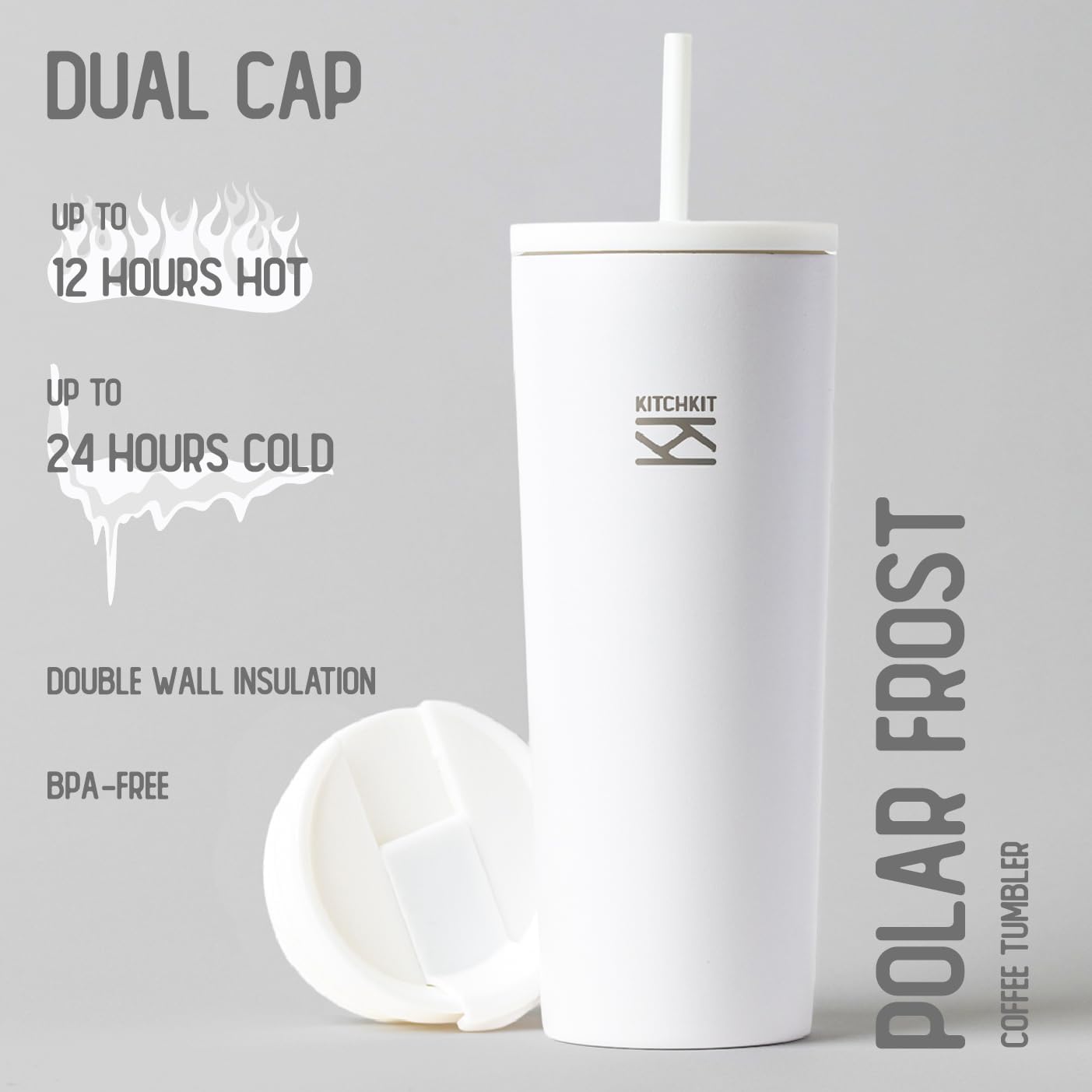 750ml (25oz) Insulated Tumbler with Straw, Flip Lid & Bonus Sticker Pack – Stainless Steel Reusable Travel Cup (Polar Frost)