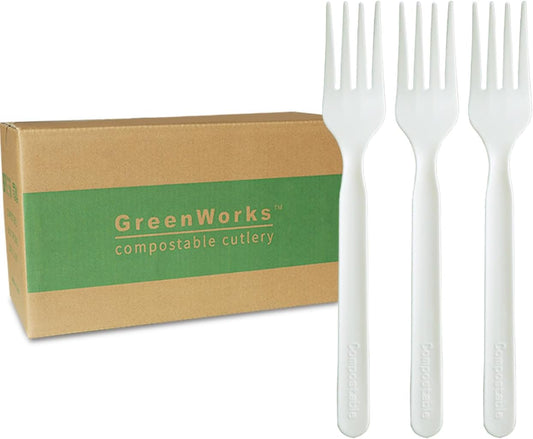 GreenWorks 1000 Count 7" Heavy-duty Compostable Forks, BPI Certified Large Bulk Disposable Cutlery Fork
