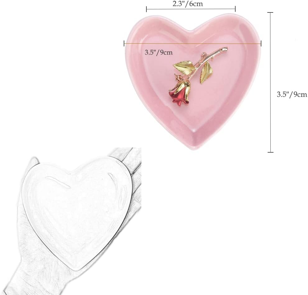 Pink Heart Jewelry Tray, Engagement Wedding Ring Dish Earring Holder for Newlyweds, Sweet Gift for Women, Ceramic. NO ROSE.