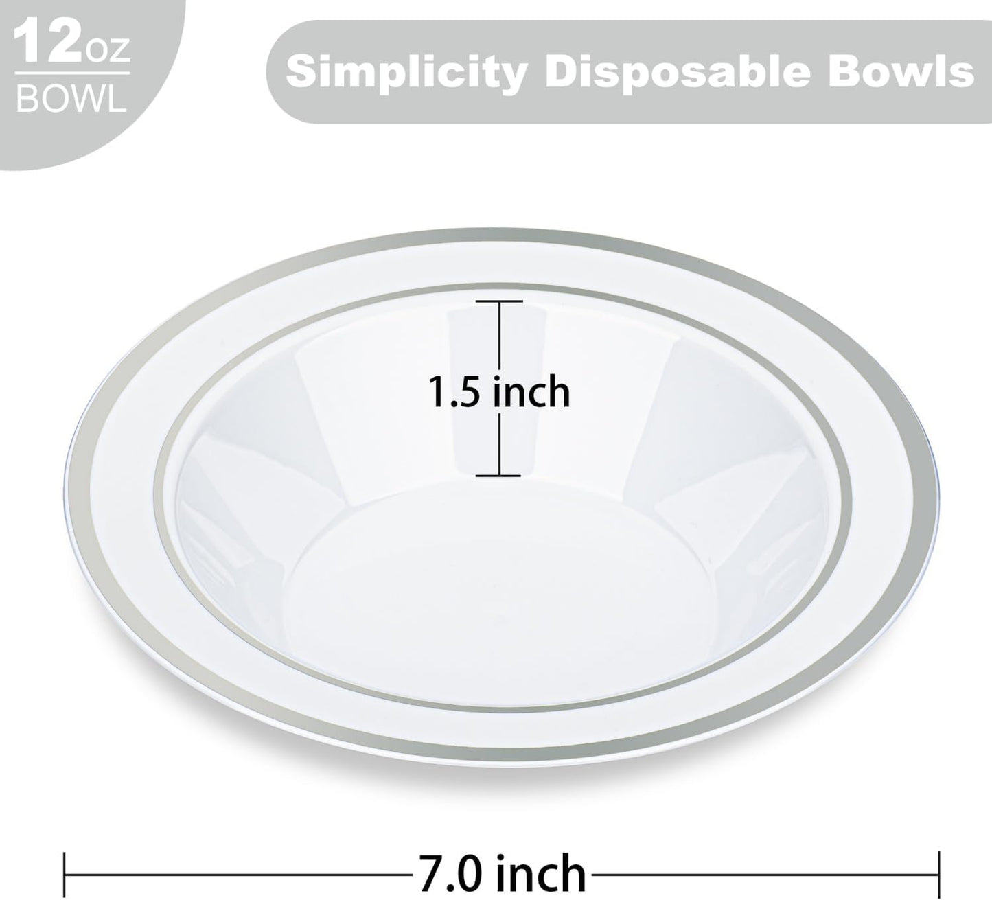 BESTVIP 200 Pack Plastic Bowls with Silver Rim, 12 oz Disposable Soup Bowls, Heavy-duty Dessert Fruit Bowl for Party, Wedding, Christmas, Thanksgiving, Dinner Catering