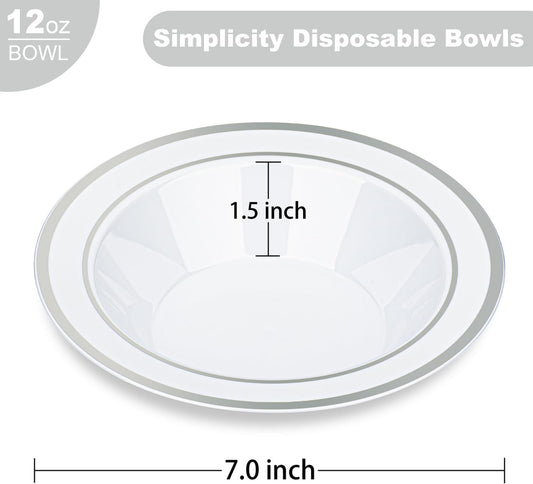 BESTVIP 200 Pack Plastic Bowls with Silver Rim, 12 oz Disposable Soup Bowls, Heavy-duty Dessert Fruit Bowl for Party, Wedding, Christmas, Thanksgiving, Dinner Catering