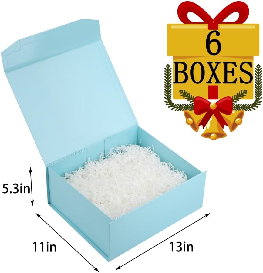 6 Pcs Blue Gift Boxes Large 13x11x5.3 Inch Magnetic Gift Boxes with Crinkle Paper for Presents