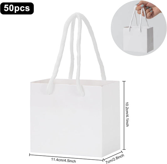 driew Small White Gift Bags 50 Pcs, 4.5" x 2.8" x 4" Min Thick Kraft Paper Bags Bulk with White Handles Set for Wedding Party Birthday Gathering Baby Shower