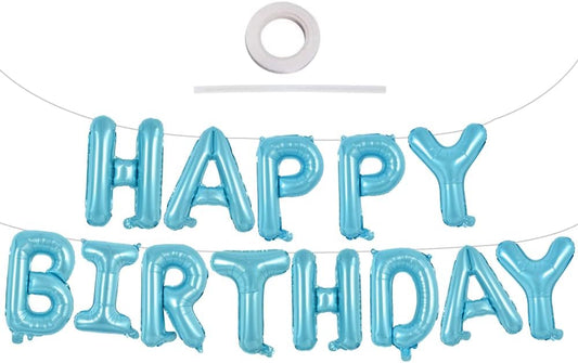 TONIFUL Light Blue Happy Birthday Balloons Banner, 16 Inch Mylar Foil Letters Sign Bunting Reusable for Girls Boys Kids & Adults Birthday Decorations Party Supplies