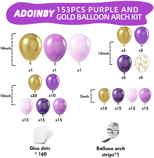 Purple Balloon Arch Kit, ADOINBY 153Pcs Different Sizes inch Lavender Metallic Purple and Gold Balloons and Confetti Party Balloon Garland Kit for Women Birthday Baby Shower Wedding Party Decorations