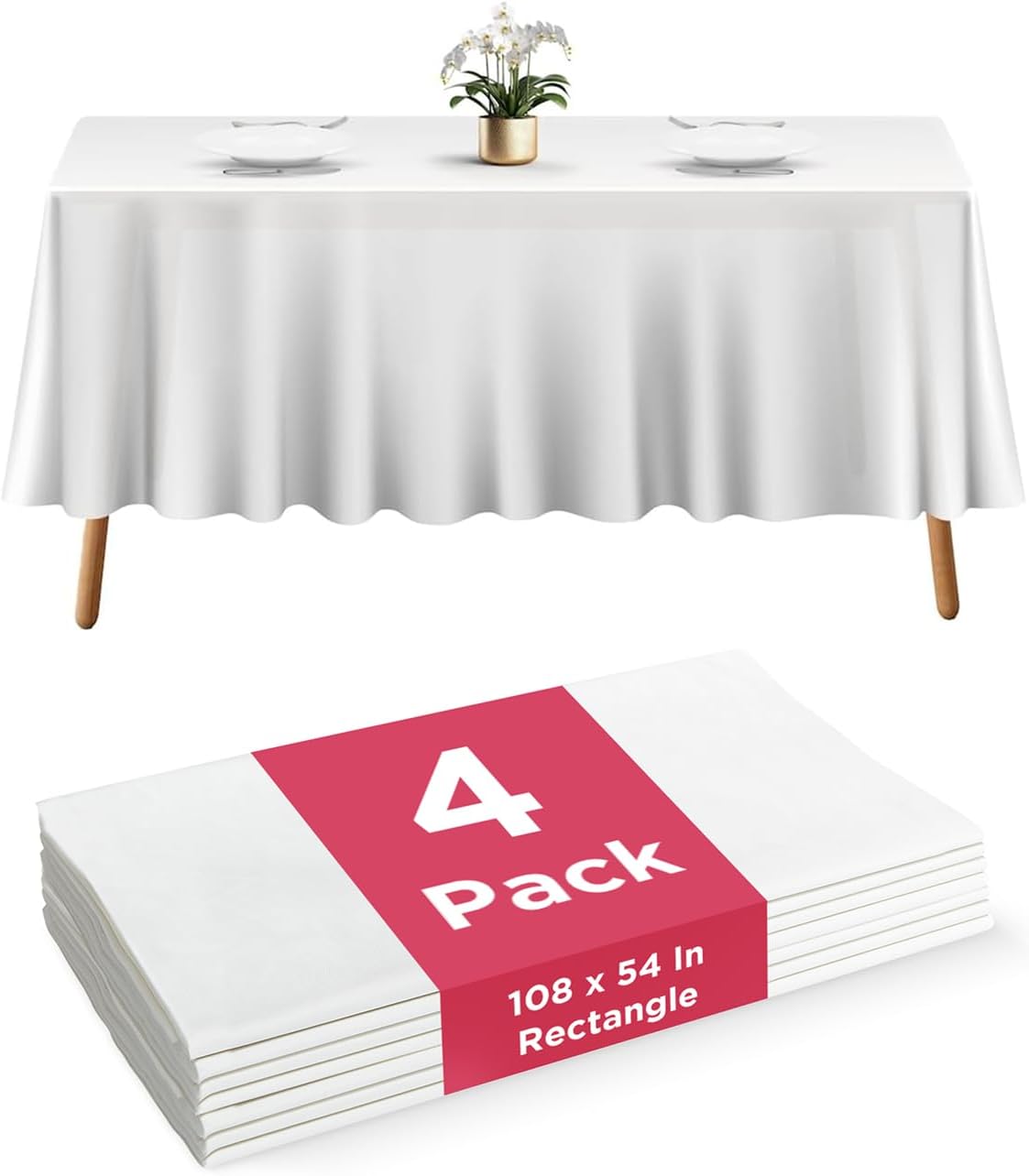 Prestee 4 Pack White Plastic Table Cloth Disposable - 108 x 54 Heavy-Duty Inch Plastic Table Cover - Waterproof White Tablecloth for Weddings, Parties, BBQs and Outdoor Dining Events