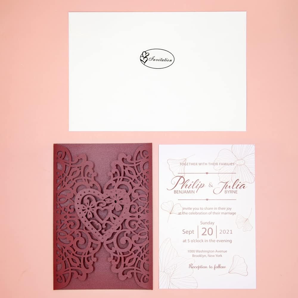 FOMTOR Wedding Invitations Cards Laser Cut Kits 50 Packs Laser Cut Wedding Invitations with Blank Printable Cards and Envelopes for Wedding Birthday Partie Baby Shower (Wine Red)