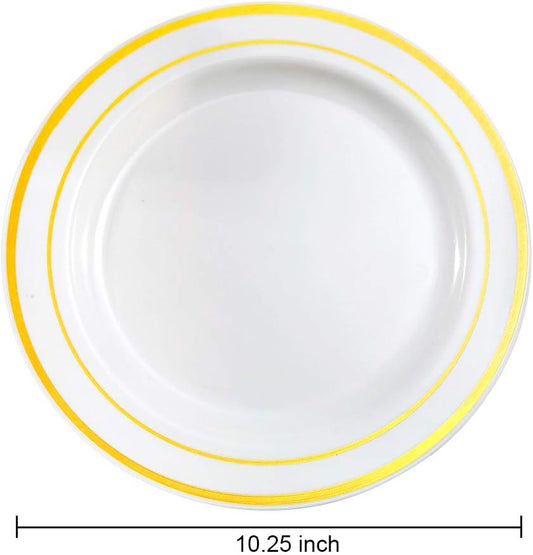 bUCLA 100Pieces Gold Plastic Dinner Plates - 10.25inch White and Gold Plates Disposable for Party - Ideal for Wedding, Thanksgiving & Daily Use