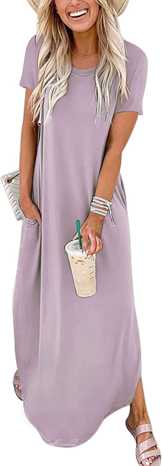 ANRABESS Womens Summer Maxi Dress Short Sleeve Casual Loose Long T Shirt Dresses Split Vacation Beach Sundress Travel Outfits