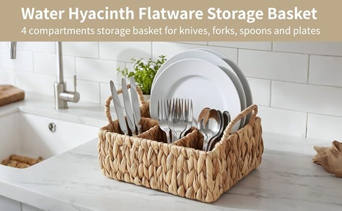 Silverware Basket, Water Hyacinth Utensil Caddy, 4-Compartment Flatware Storage Basket with Dual Handles, Farmhouse Divided Cutlery Holder, Natural Woven Silverware Organizer, 10.4 x 8.5 x 6.1 in