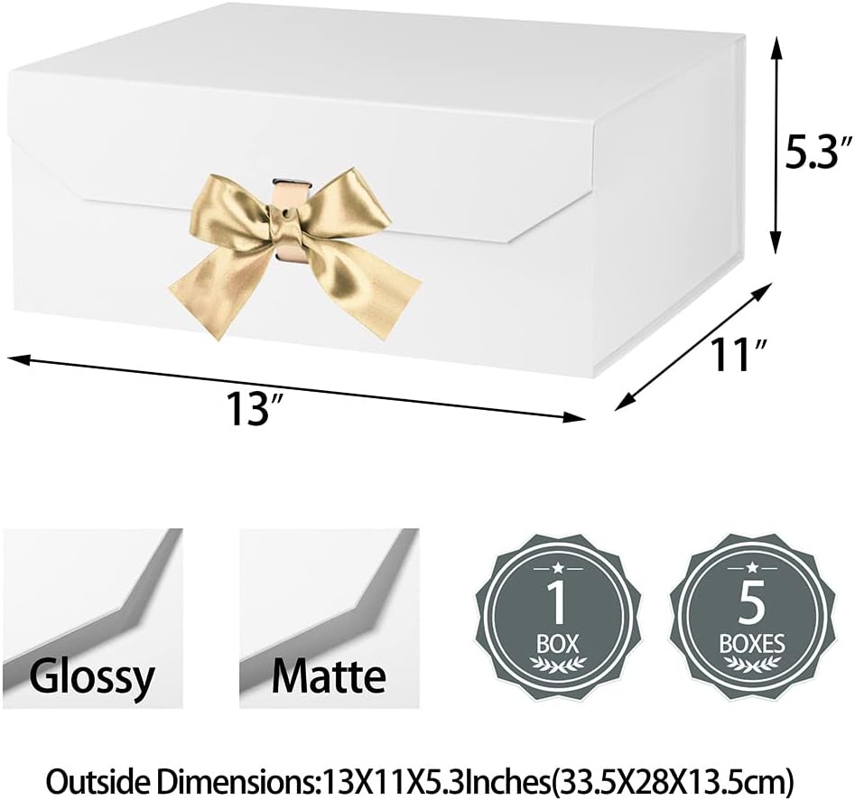 White Large Collapsible Gift Box 13x11x5.3 Inches, Rectangle with Lid Magnetic Closure, Christmas Box for Men's Shoes (Matte White)