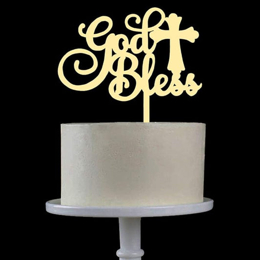 God Bless Acrylic Gold Mirror Cake Topper for Baptism, Christening, Dedication or First Communion Decorations