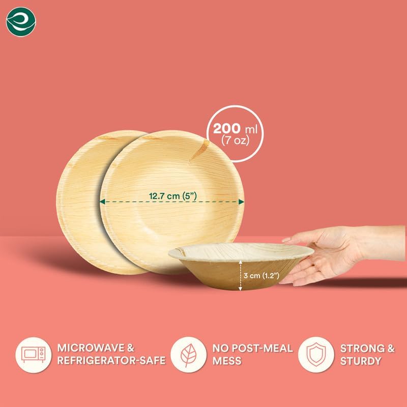 ECO SOUL Palm Leaf Bowl 100 pc, Small 5" (8 Oz) | Round Like Bamboo Bowls, Compostable, Biodegradable, Disposable Palm Leaf Bowls Eco-friendly | Sturdy, Microwave & Oven Safe