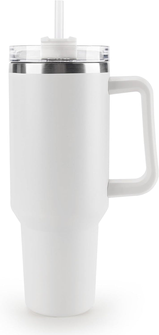 40 oz Tumbler with Handle Insulated Tumblers With Lid and Straw Large Travel Mugs Coffee Mug Reusable Stainless Steel Cup Fit for Car Cup Holder (White)