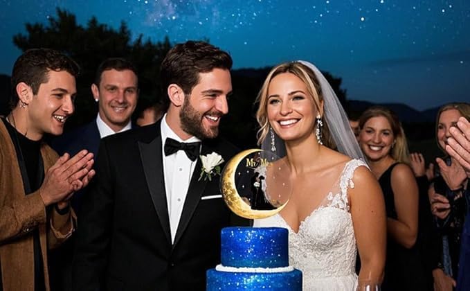 Fuovt Wedding Cake Toppers,Moon-Shaped Acrylic Bride and Groom Cake Topper,Mr & Mrs Wedding Toppers for Cake