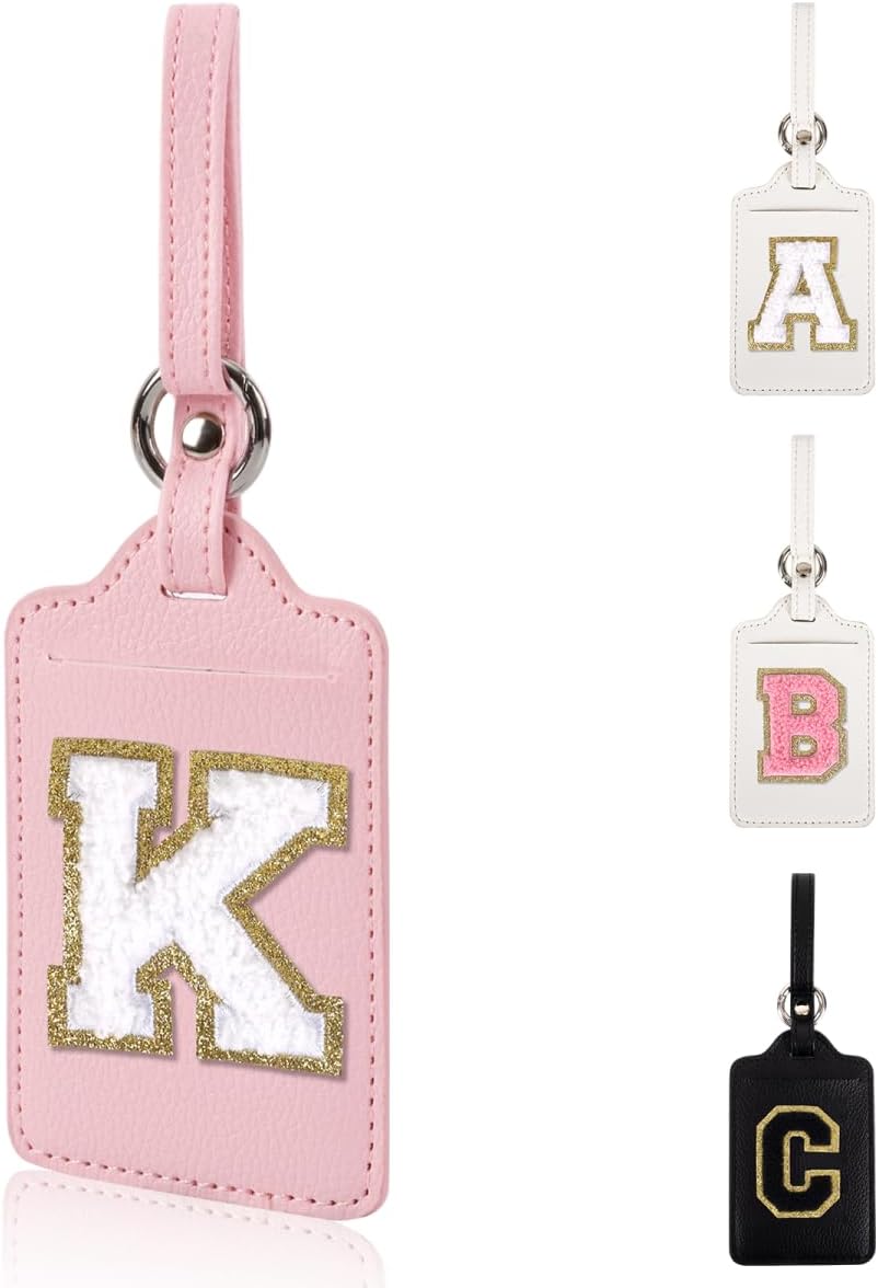 Personalized Initial Luggage Tags for Suitcases, Leather Chenille Letter Cute Luggage Tags with Privacy Name Card, Embroidered Travel Bag Backpack Tags Gifts for Women Kids Girls Teens(Pink-K)