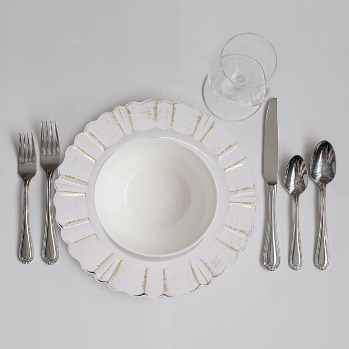 13" Antique White Round Scalloped Charger Plates, Wedding Reception Plate Chargers Dinner Party Decoration Charger Plates, 6Pcs