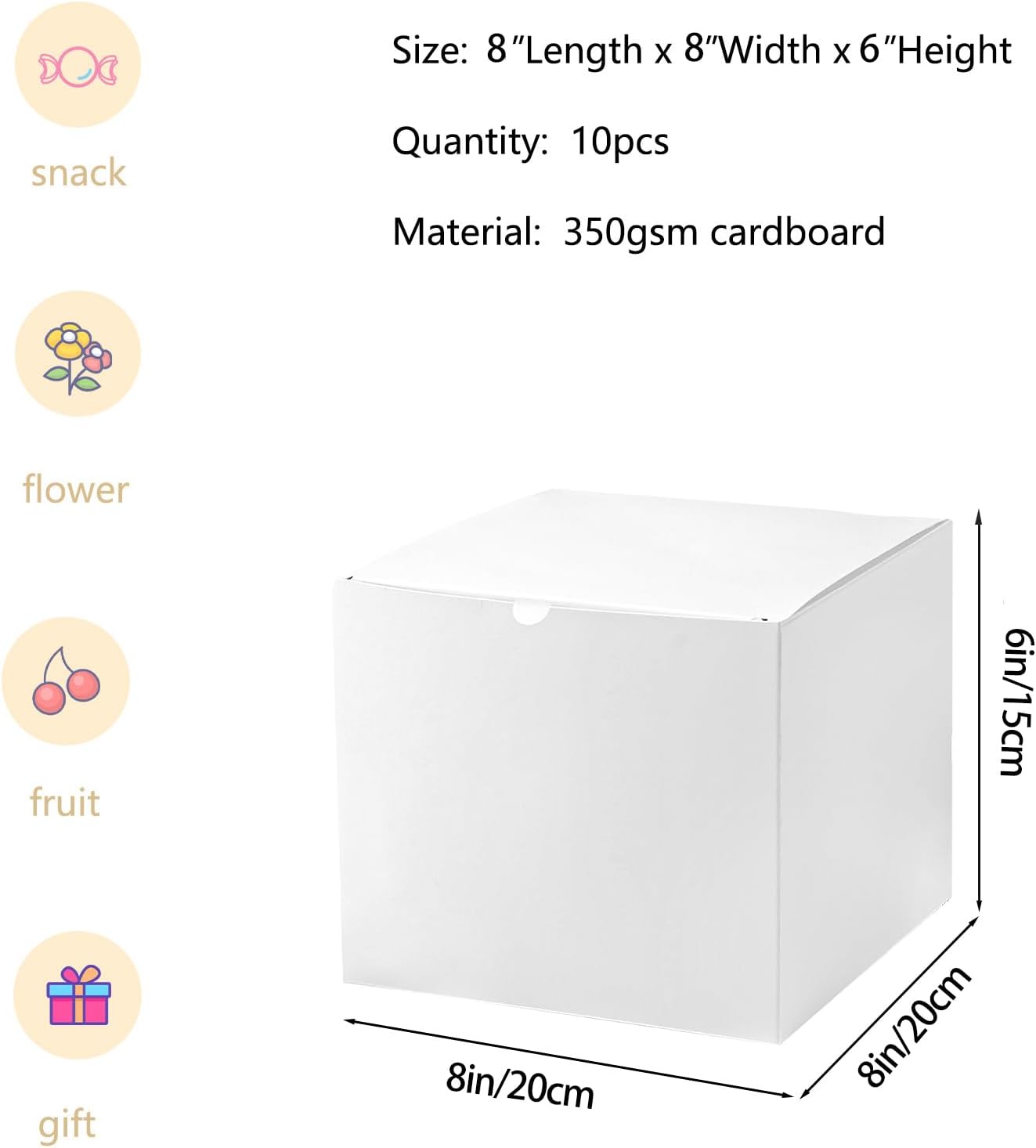 SHIPKEY 10pcs White Gift Boxes with lids 8x8x6inch | Large Gift Boxes, Perfect for Party, Wedding, Christmas, Holidays, Birthdays, Gifts Wrap, and All Other Occasions (20x20x15cm)