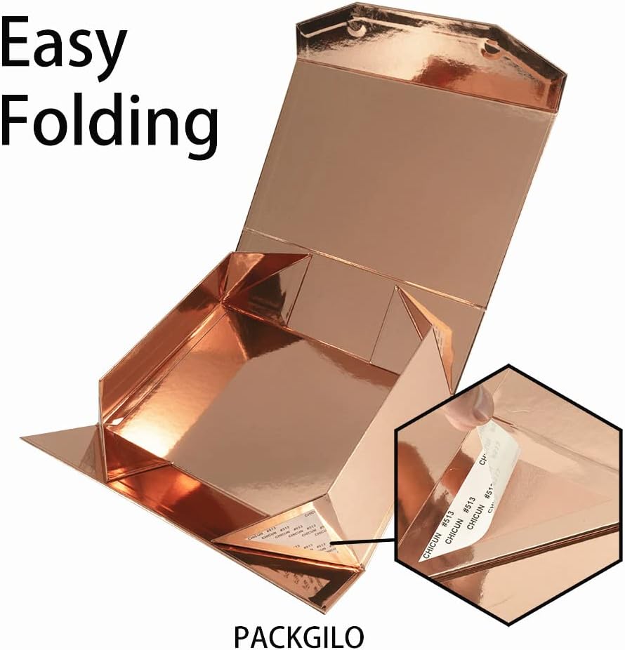 5 Rose Gold Large Gift Boxes with Lid 13x9x4 Inches, Bridesmaid Proposal Boxes, Hard Collapsible Gift Box with Magnetic Closure, Groomsman Box Reusable Gift Box for Cloth (Glossy Rose Gold)