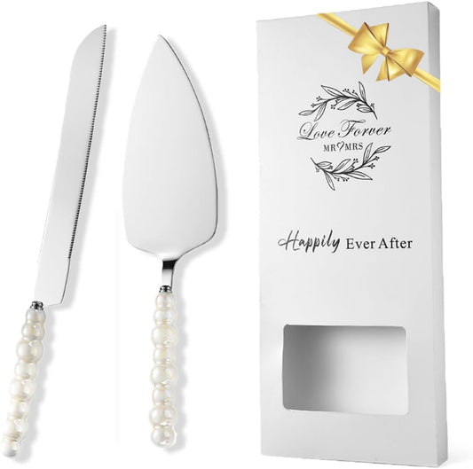 Wedding Cake Knife and Server Set, Ceramic Pearl Handle Cake Cutting Set for Wedding, Stainless Steel Pie Cutter, Bridal Shower Gifts, Engagement Gift for Couples (Silver, Set of 2)