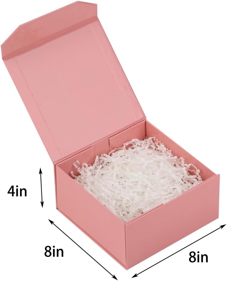 1 Pcs Small Pink Gift Box 8x8x4 Inch Magnetic Gift Box Small Magnetic Box with Crinkle Paper Pink Small Gift Box with Shredded Paper Luxury Gift Boxes with Lids for Presents