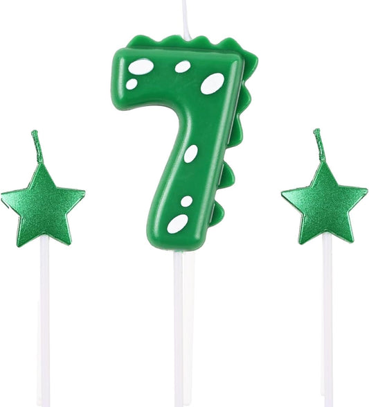 2.75 Inch Green Dinosaur Shaped 7 Number Birthday Candles and Star Birthday Candles,Suitable for Dinosaur Birthday Decorations & Themed Parties Celebration