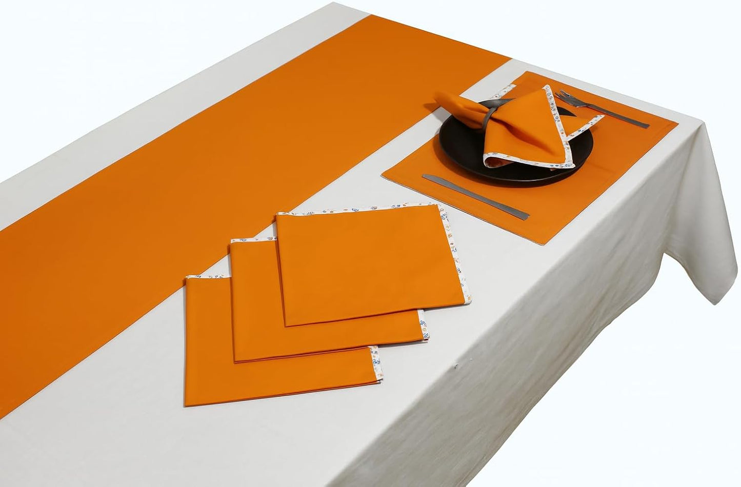 Indtresor Indian Heritage Fabric Cotton Table Linen Reversible Set Runner Napkins Mats in Orange White
